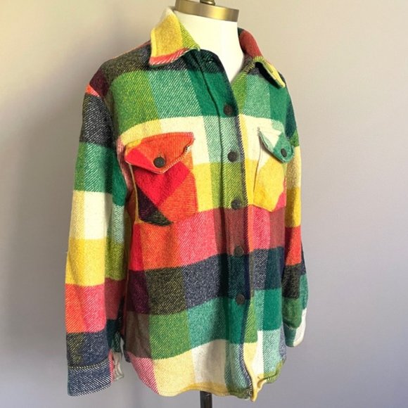 Vintage Jackets & Blazers - Vintage 70s HBC Coloured Plaid Wool Collared Bell Shirt Shacket  - XS/S